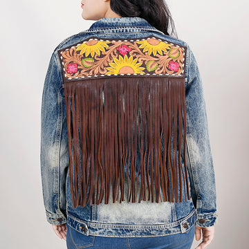 ADJKT024 Genuine leather Hand tooled hand carved Women 100% cotton Denim jacket dress ladies girl